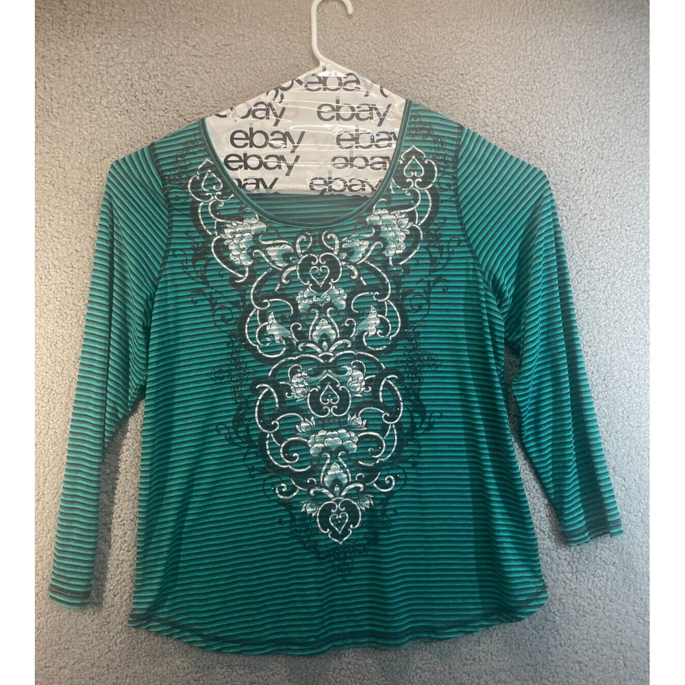 One World  Top Women's Green and Black Striped  Size 1X‎ Casual Loose